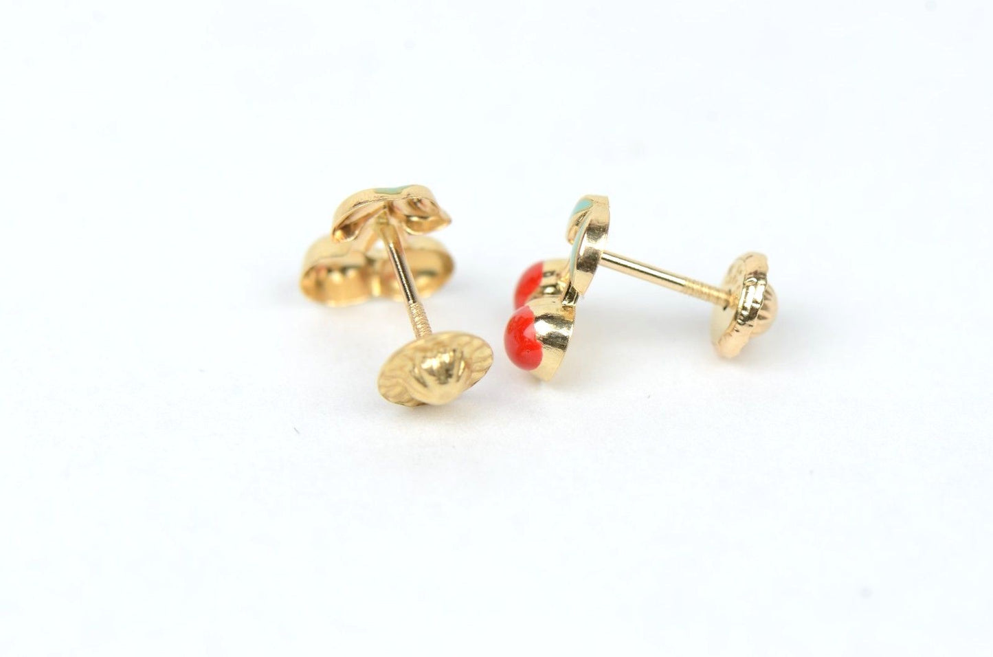 14k Yellow Gold Red and Green Enamel Cherry Baby Earrings, Screw Back
