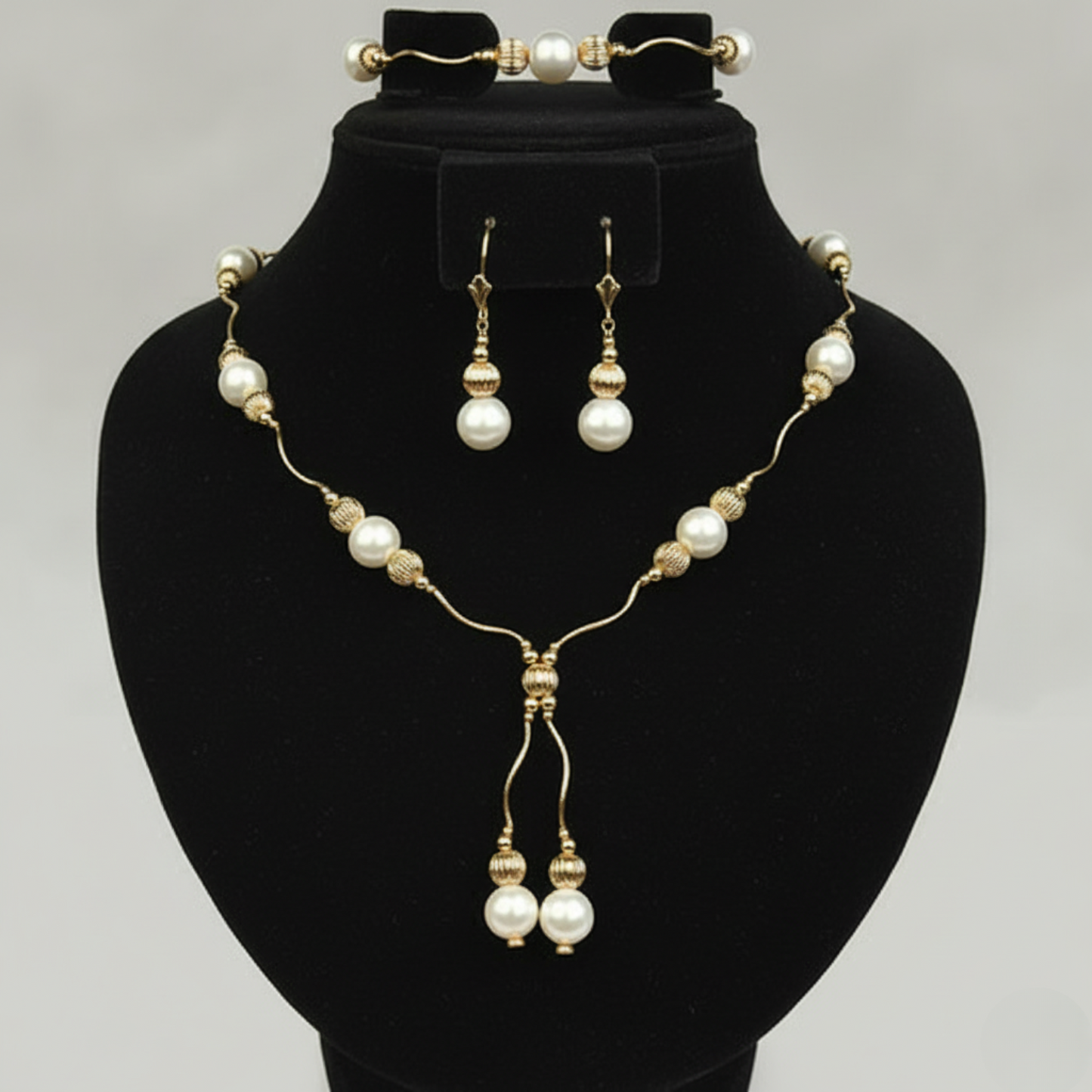 14K Yellow Gold Elegant Pearl & Gold Ball  Necklace Set for Women