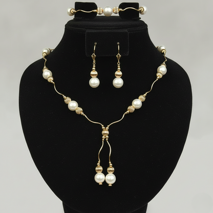 14K Yellow Gold Elegant Pearl & Gold Ball  Necklace Set for Women