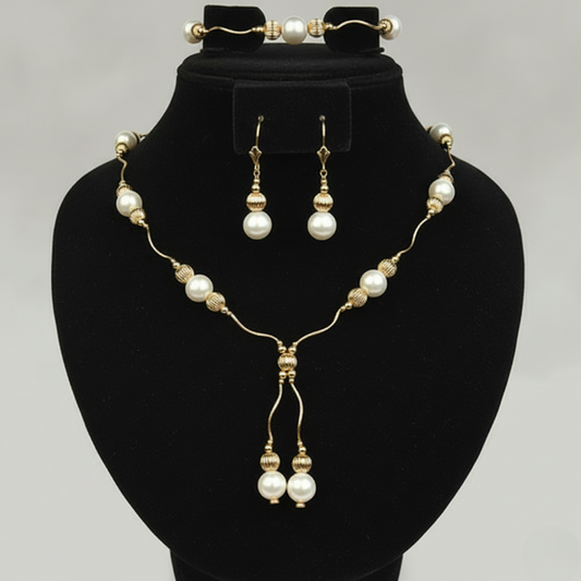 14K Yellow Gold Elegant Pearl & Gold Ball  Necklace Set for Women