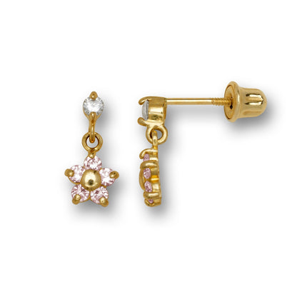 14k Yellow & White Gold Flower Dangle Stud Screw back Earrings for Girls