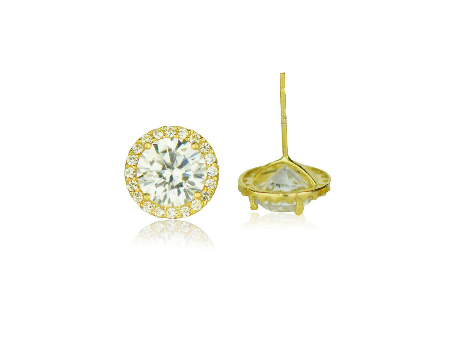 14K Yellow Gold 10mm Round Halo CZ Stud Push Back Earrings