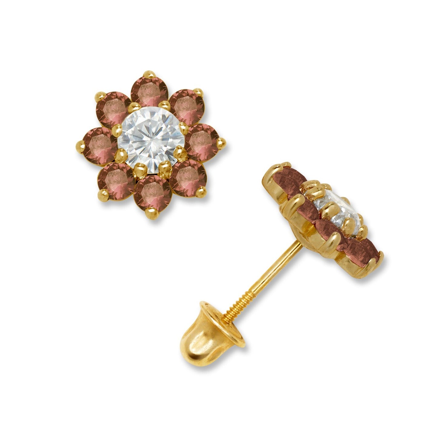 14K Yellow & White Gold Large Beautiful CZ Flower Stud Earrings for Women