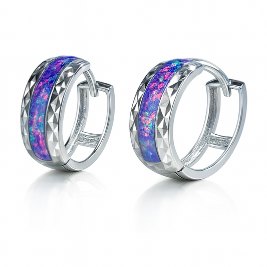 14k White Gold Purple Opal Huggie Hoop Earrings