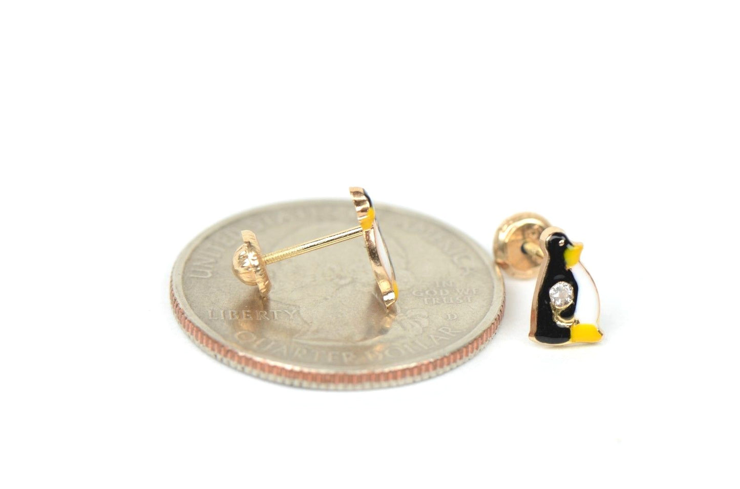14k Yellow Gold Beautiful Enamel and CZ Penguin Baby Earrings, Screw Back