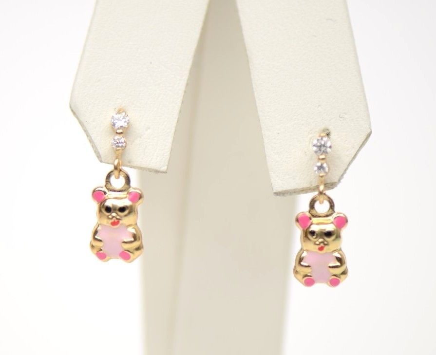 14K Solid Yellow Gold Teddy Bear Dangle Earring with Enamel