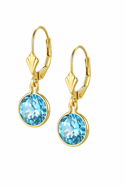 14K Yellow Gold Birthstone Round CZ Dangle Leverback Earrings