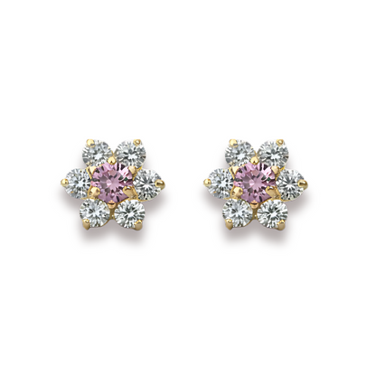14K Yellow Gold Beautiful Flower CZ Stud Earrings for Women
