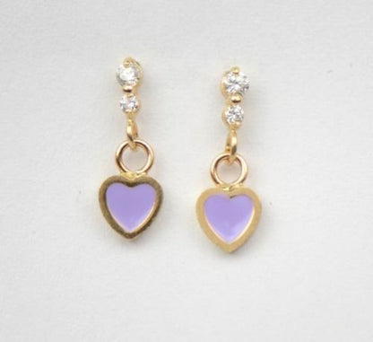 14K Solid Yellow Gold Enamel Heart Shape Dangle Stud Earring