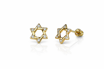 14K Yellow and White Gold CZ Star of David Stud Earrings