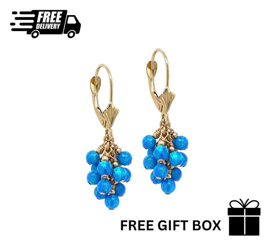 14k Yellow Gold Dangle Dark Blue Opal Grape Leverback Earrings