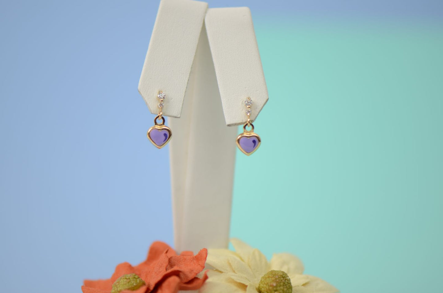 14K Solid Yellow Gold Heart Shape Enamel Dangle Screw Back Baby Earrings