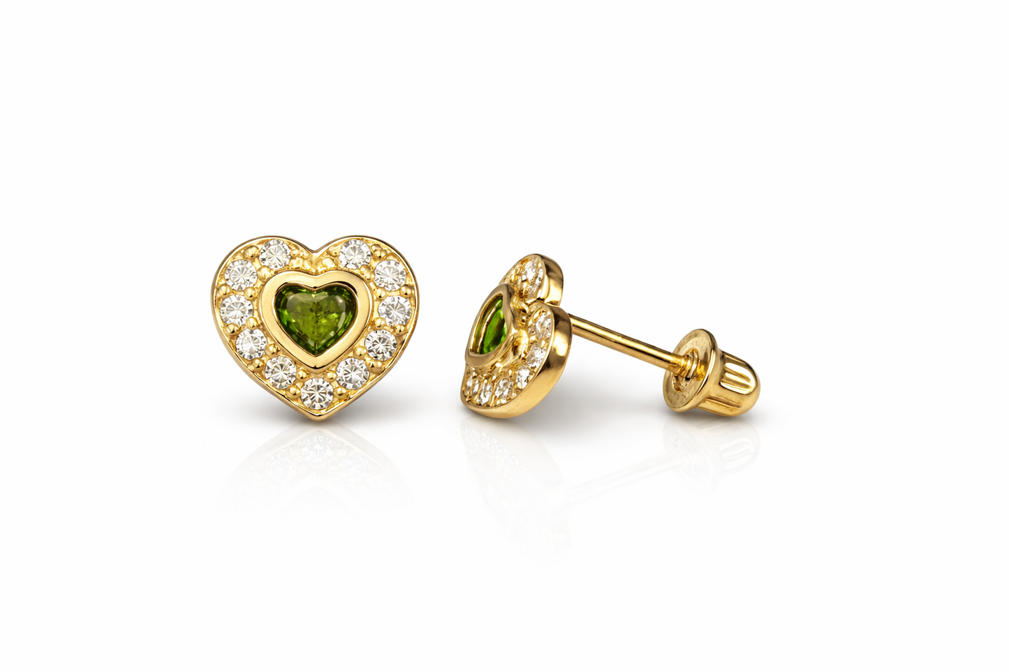 14K Yellow Gold Birthstone Heart with CZ Stud Earrings Screw Back