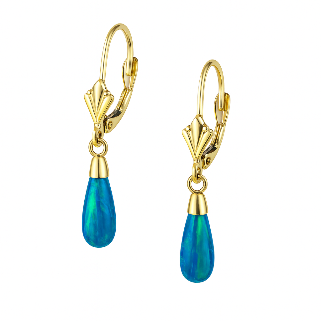 14k-Yellow and White Gold  Dangle Opal Leverback Earrings