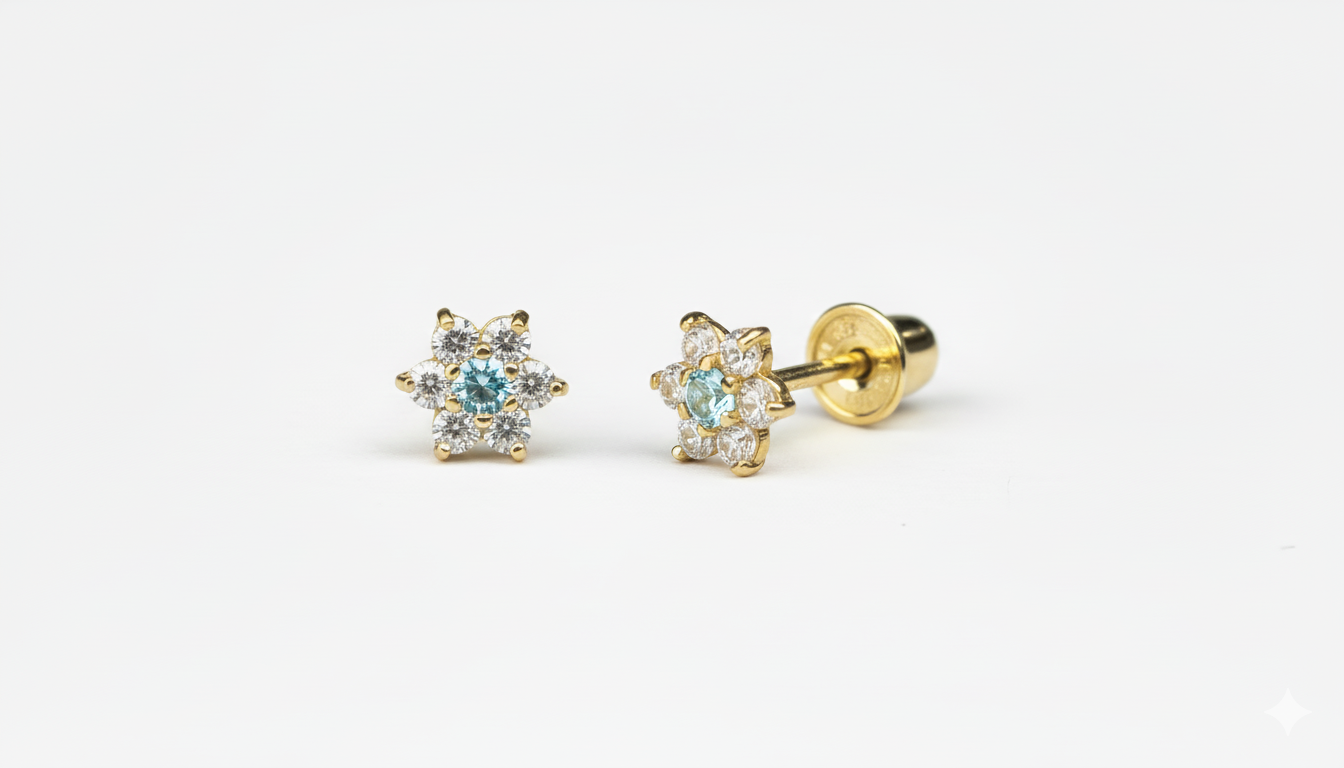 14K Yellow Gold Classic Flower CZ  Stud Earrings for Women
