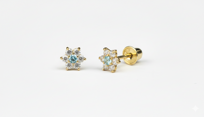 14K Yellow Gold Classic Flower CZ  Stud Earrings for Women