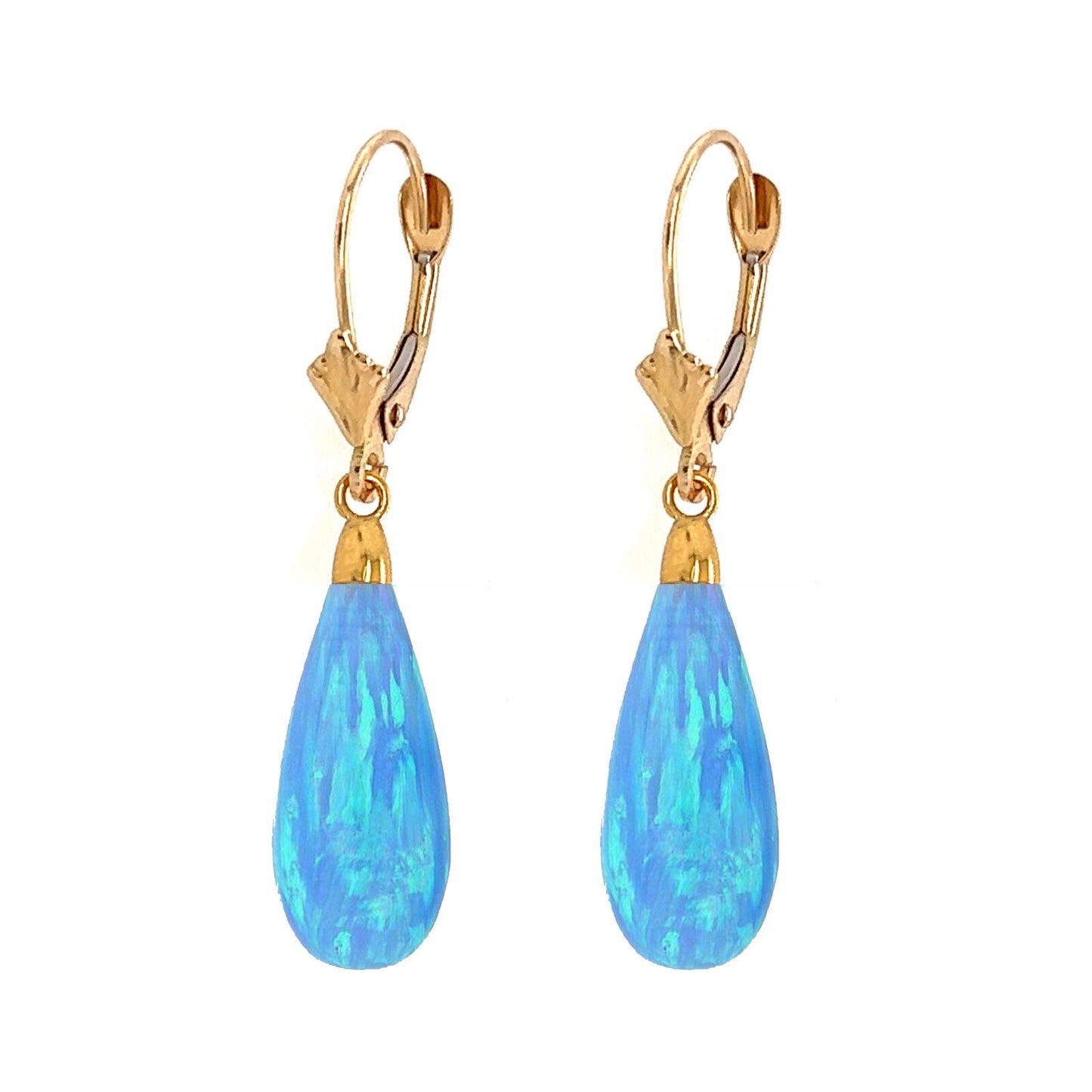 14k Yellow and White Gold  Light Blue Opal Leverback Earrings