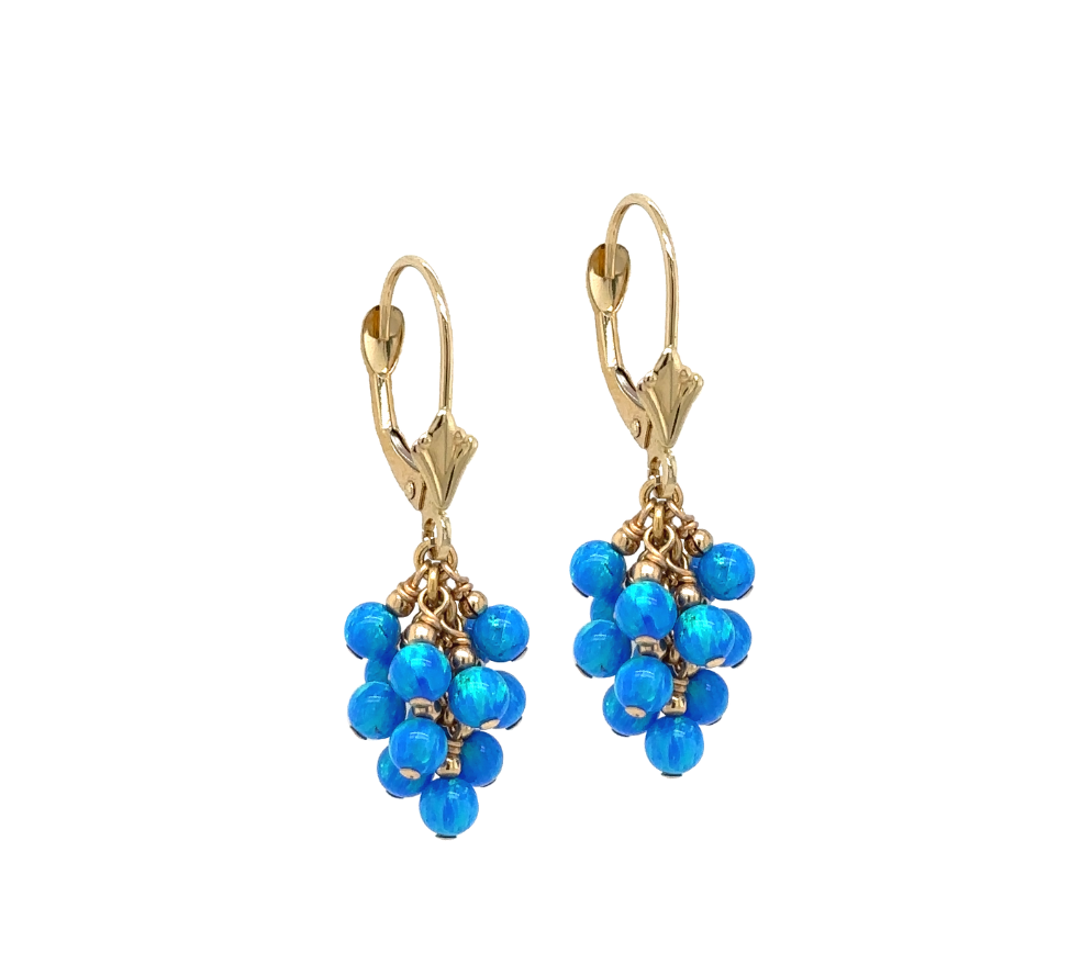 14k Yellow Gold Dangle Dark Blue Opal Grape Leverback Earrings