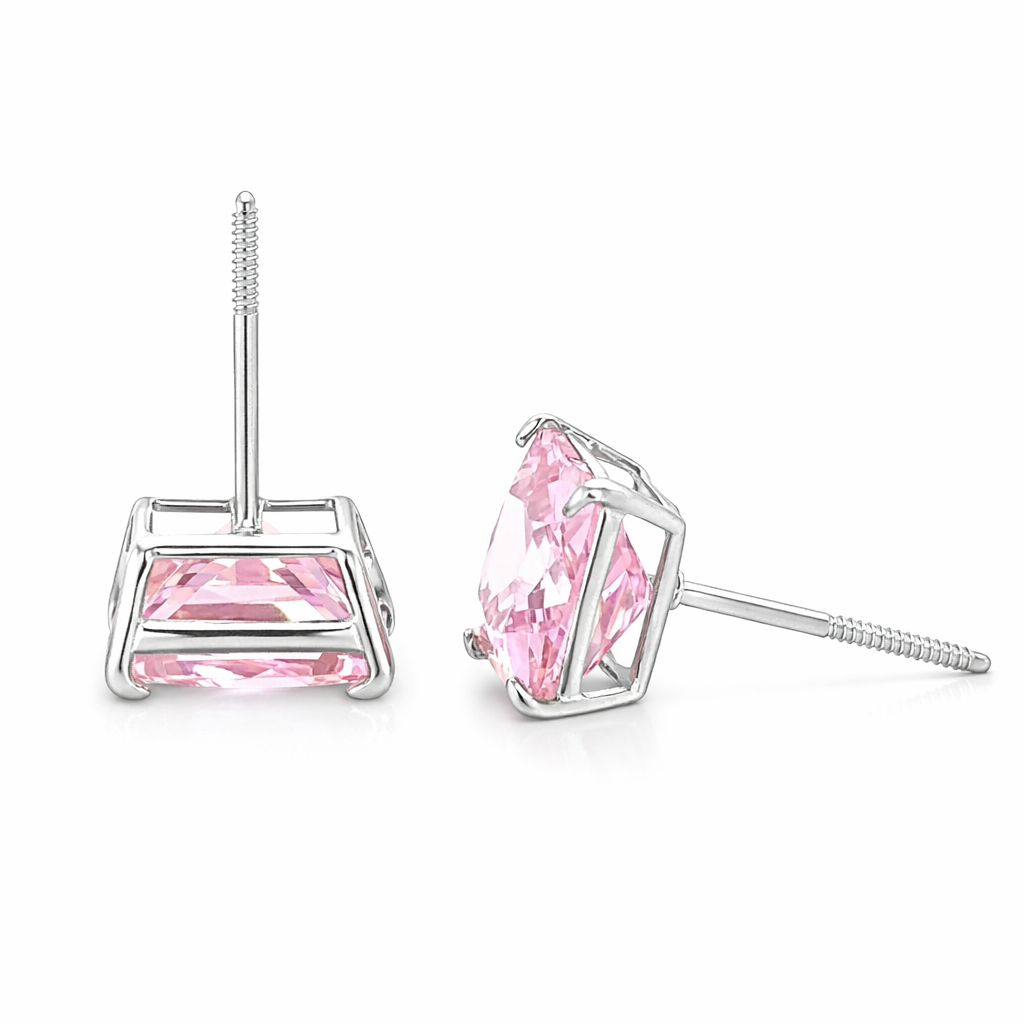 14K Solid White Gold Square Princess Cut CZ Birthstone Stud Earrings All Size