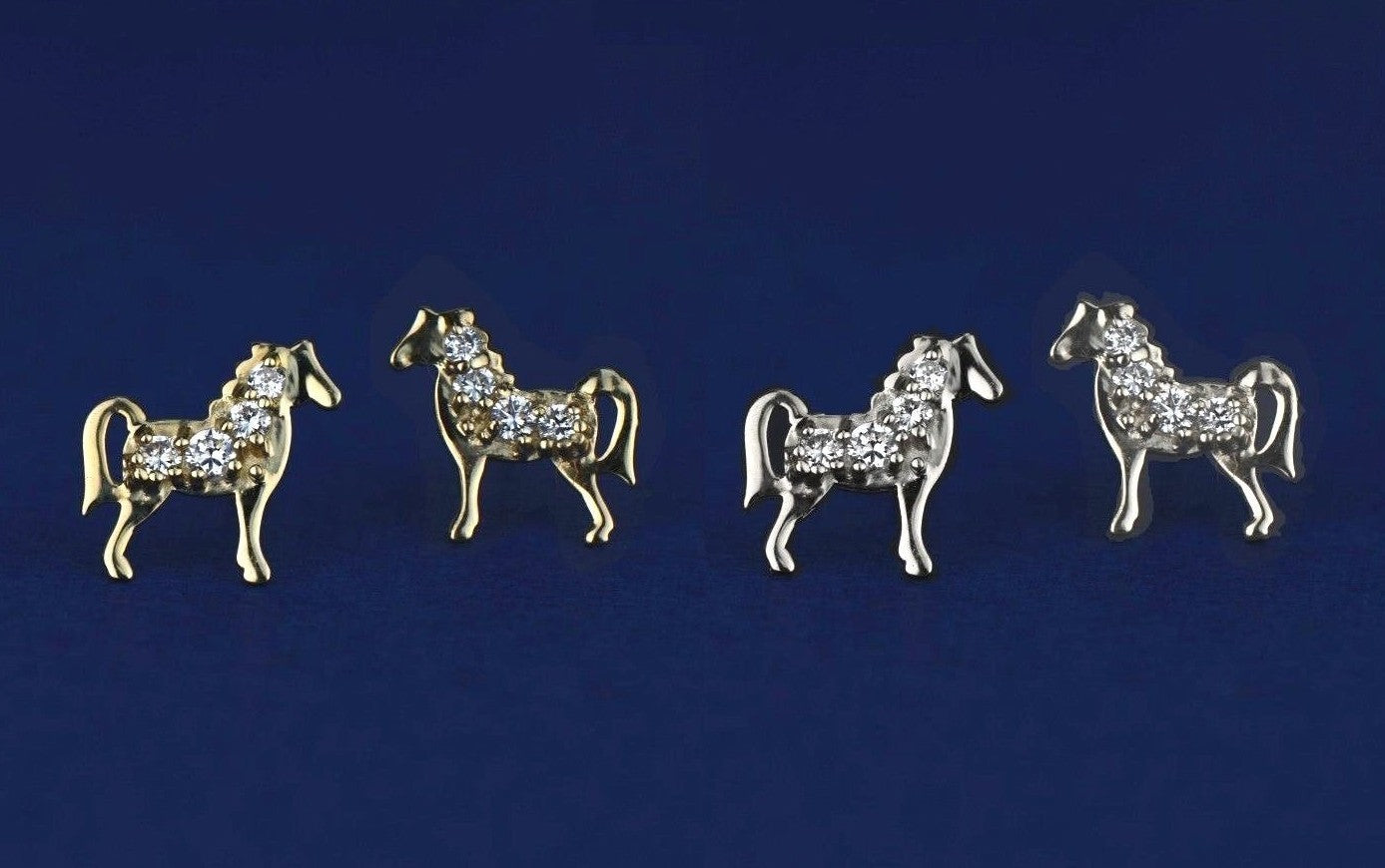 14k Yellow or White Gold Horse CZ  Stud Earrings