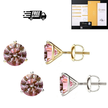 14K Gold GRA CertifiedD-VVS1 Pink Moissanite Martini ScrewBack Stud Earrings