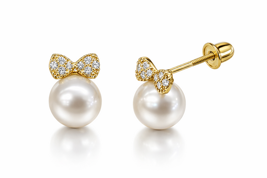 14K Yellow and White Gold Bow Tie Pearl CZ Stud Earring