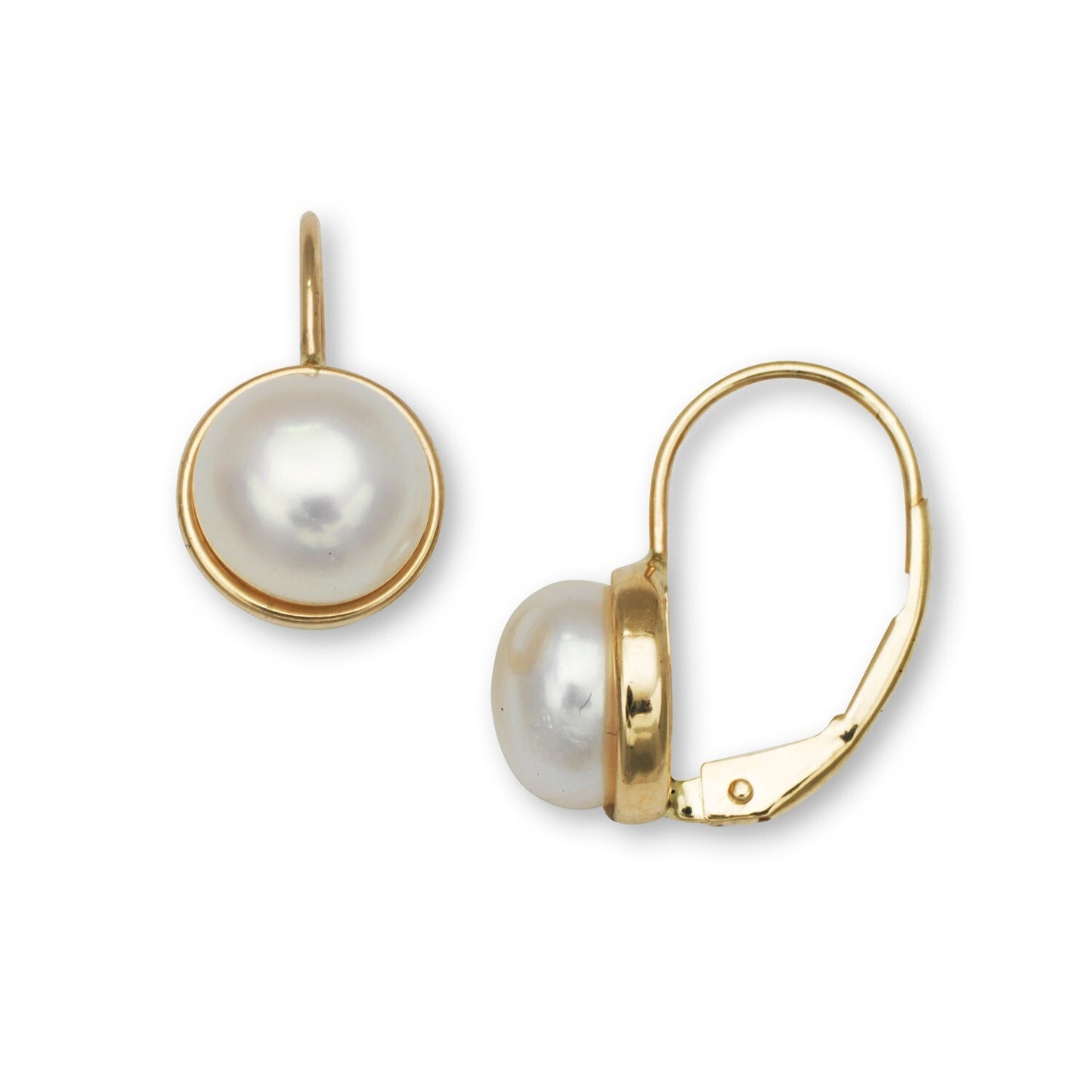 14K Yellow & White Gold White Button Freshwater Cultured Pearl Leverback Earring
