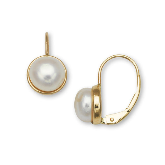 14K Yellow & White Gold White Button Freshwater Cultured Pearl Leverback Earring