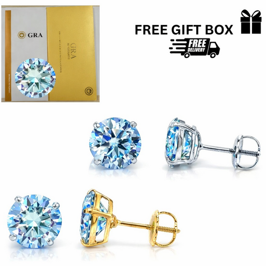 14K Gold GRA Certified D-VVS1 Ocean Blue Moissanite Screw Back Studs Earrings