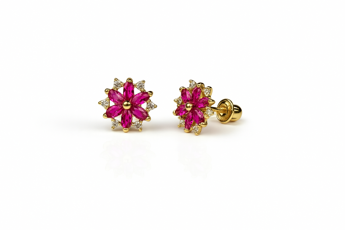 14K  Yellow Gold Beautiful CZ Flower Stud Earrings for Women