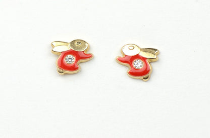 14k Yellow Gold Enamel and CZ Rabbit Baby earrings, Screw Back