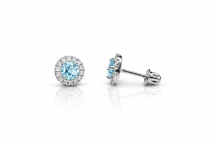 14k White Gold Halo Stud Earrings with Screw  Back