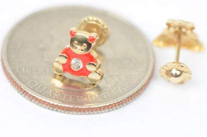 14k Yellow Gold Baby Enamel CZ Teddy Bear earrings, Screw Back