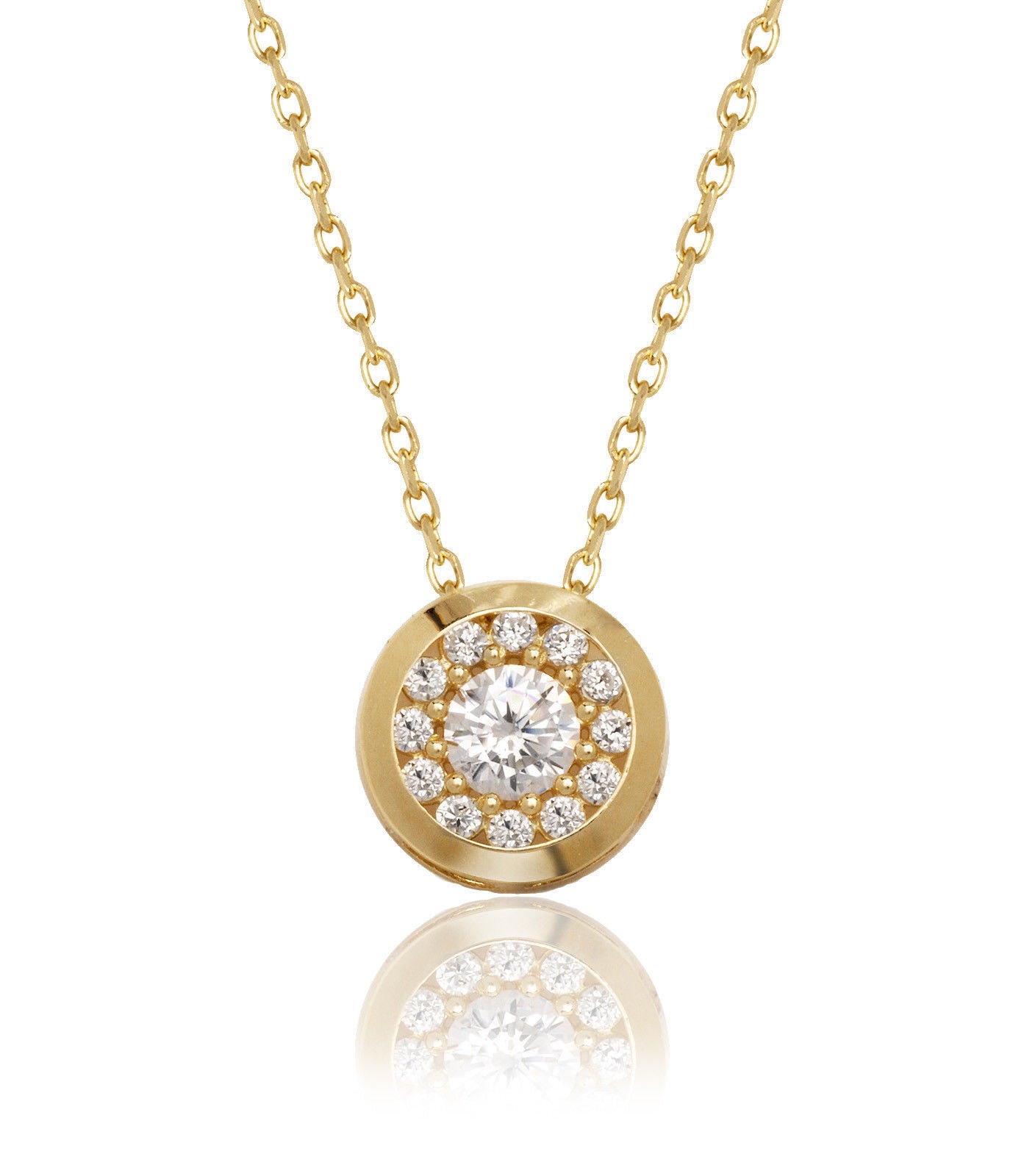 14K Yellow/White Gold  CZ Round Bezel Necklace Chain