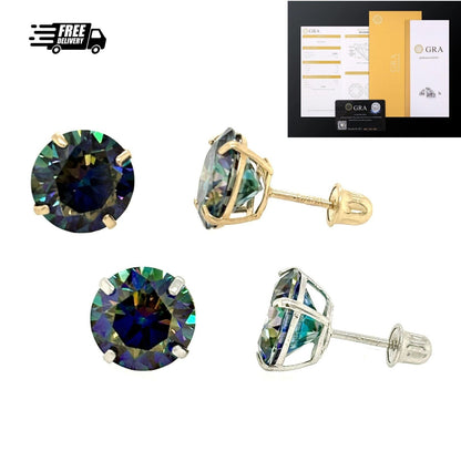 14K Gold GRA Certified D-VVS1 Rainbow Blue Moissanite Screw Back Studs Earrings