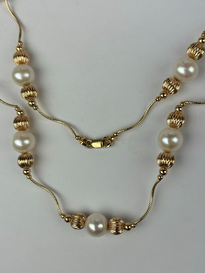 14K Yellow Gold Elegant Pearl & Gold Ball  Necklace Set for Women