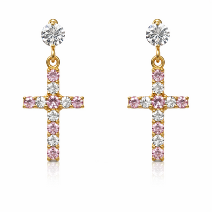 14K Yellow or White Gold Cubic Zirconia CZ Cross Dangle Earrings