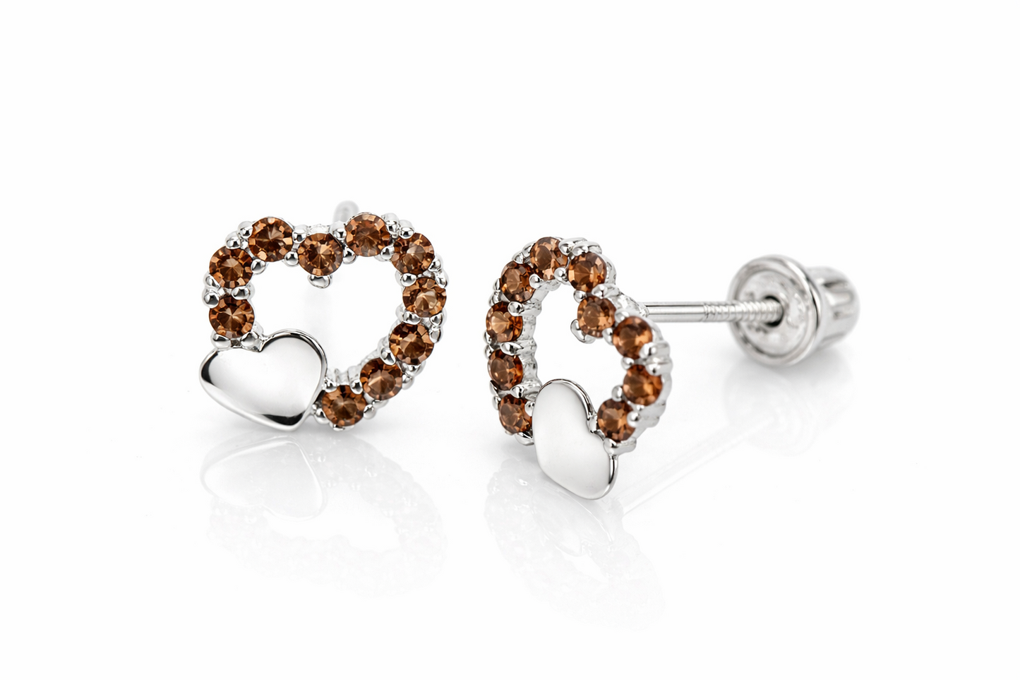 14K Yellow or White Gold Double Heart Stud Earrings with CZ  (Cubic Zirconia)