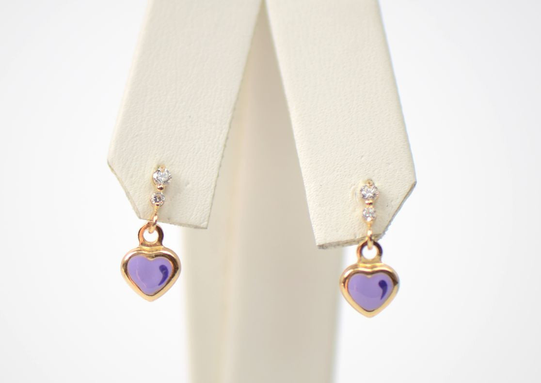 14K Solid Yellow Gold Heart Shape Enamel Dangle Screw Back Baby Earrings