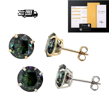 14K Gold GRA Certified D-VVS1 Rainbow Green Moissanite Push Back Studs Earrings