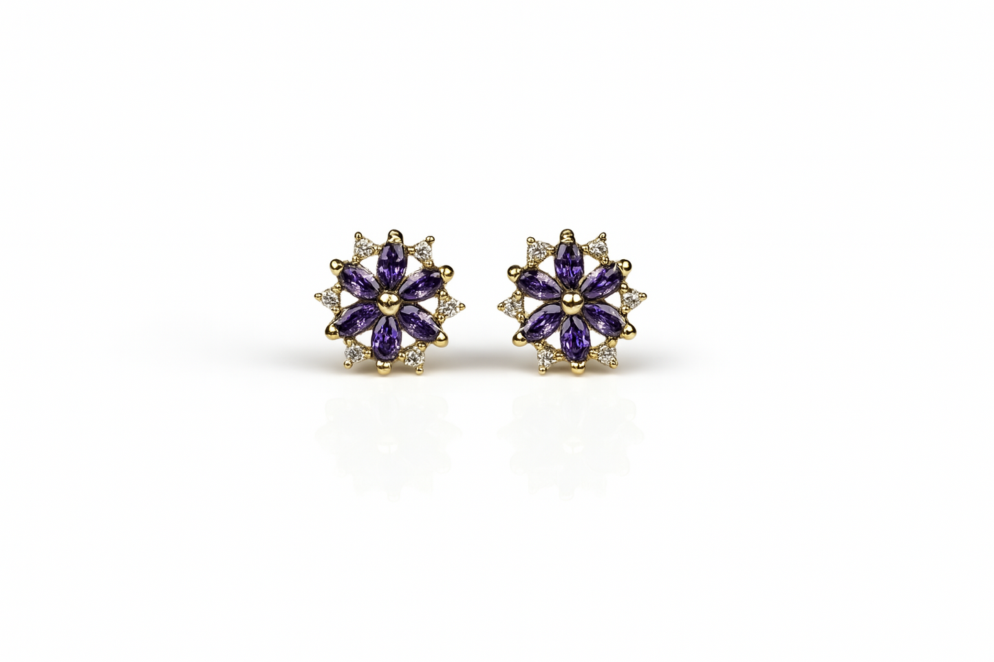 14K  Yellow Gold Beautiful CZ Flower Stud Earrings for Women