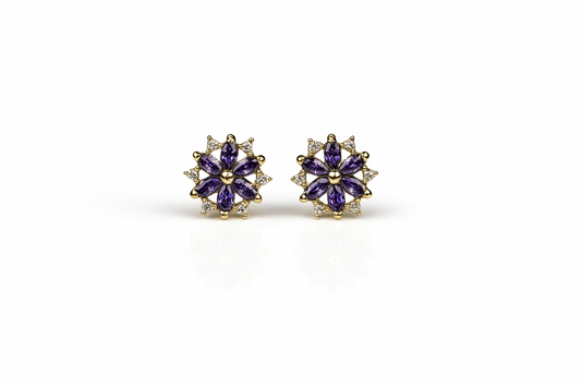 14K  Yellow Gold Beautiful CZ Flower Stud Earrings for Women