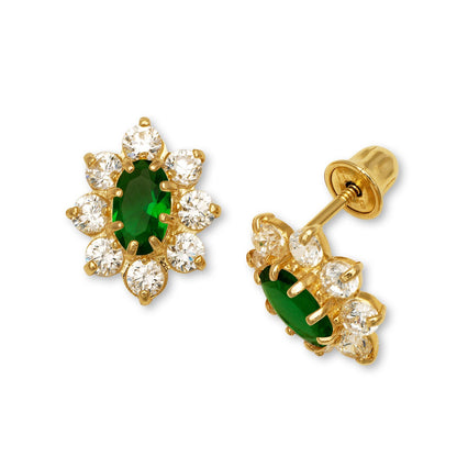 14K Yellow & White Gold CZ Flower Stud Screw Back Earrings for Women
