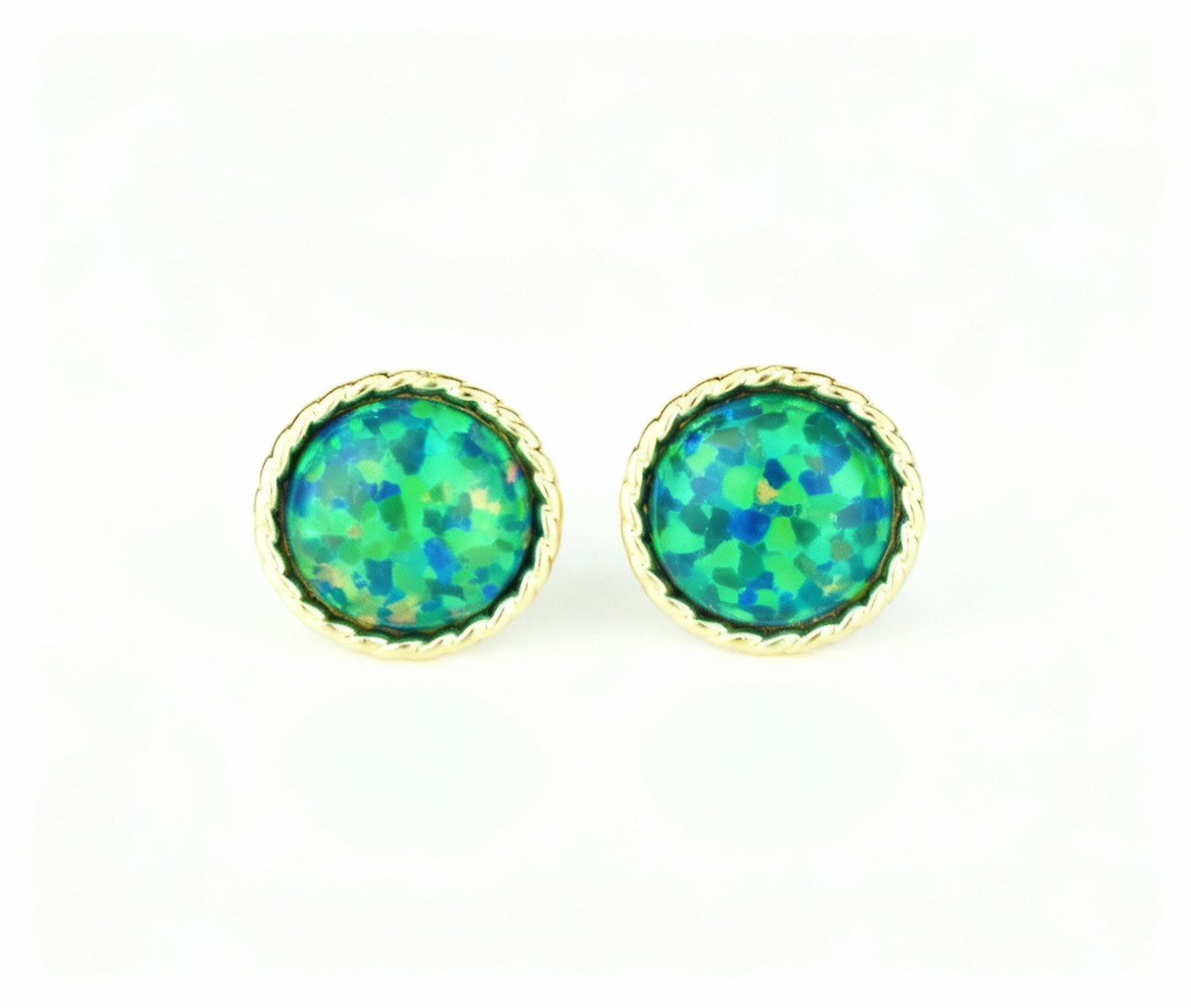 14K Yellow & White Gold Flat Opal Pretty  Stud Earrings for Women