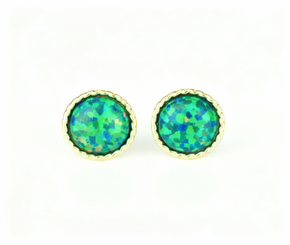 14K Yellow & White Gold Flat Opal Pretty  Stud Earrings for Women