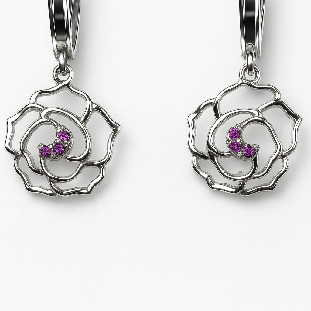 14k Yellow / White Gold Dangle CZ Flower Huggie Earrings