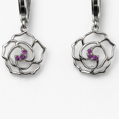 14k Yellow / White Gold Dangle CZ Flower Huggie Earrings