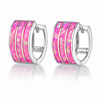 14k White Gold Triple Row Hot Pink Opal Huggie Hoop Earrings