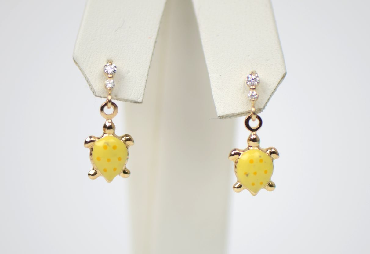 14K Solid Yellow Gold Turtle Enamel Dangle Screw Back Baby Earrings