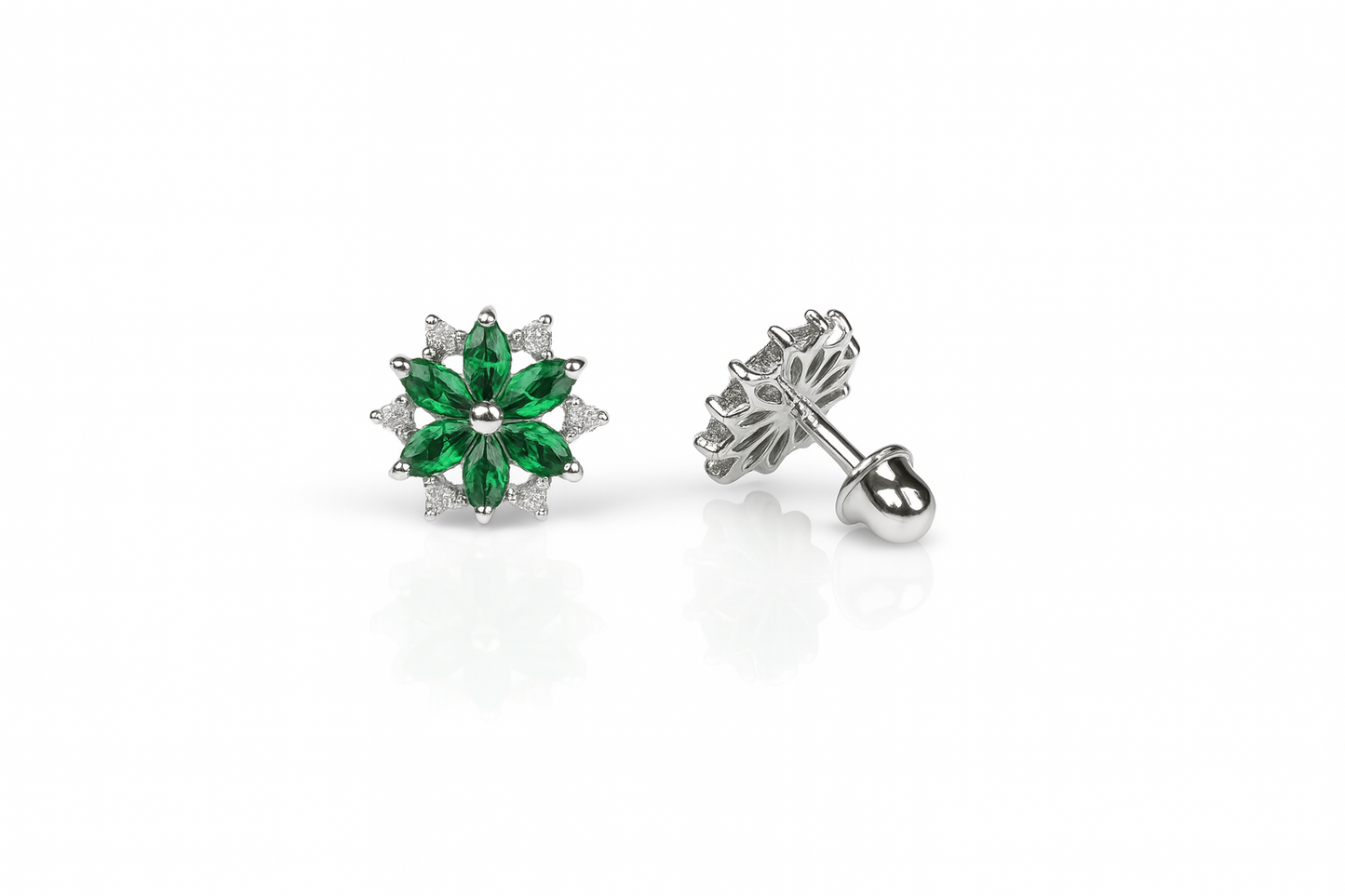 14K  White Gold Beautiful CZ Flower Stud Earrings for Women